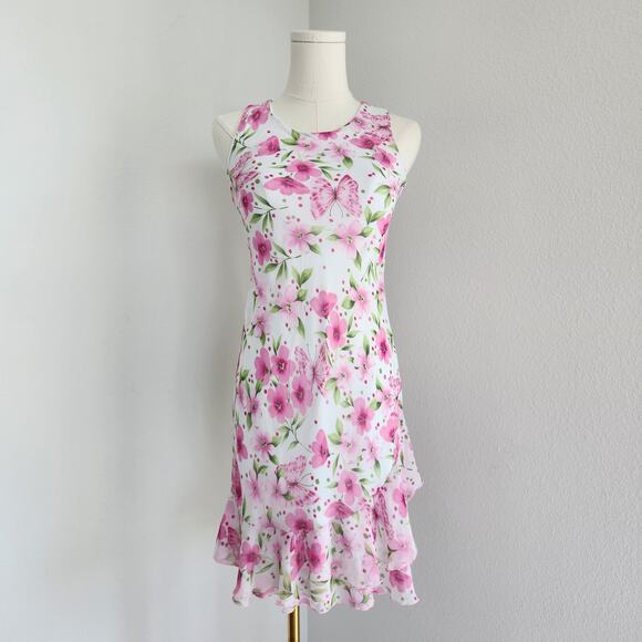 Y2K She’s The 1 Pink Floral Butterfly Bias Cut Ruffle Hem Midi Dress Size 0 - Picture 1 of 8